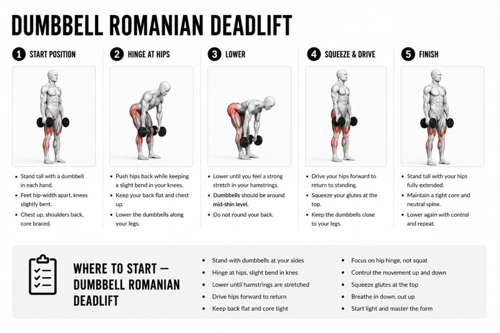 Dumbbell Romanian deadlift starting position with hips pushed back