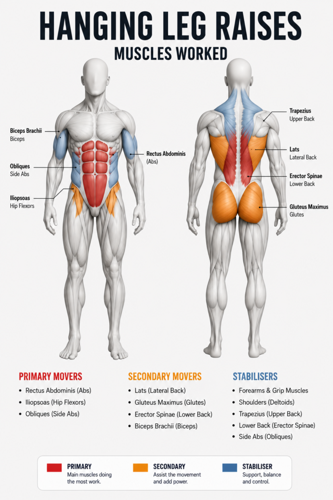 Muscles worked in the hanging leg raise