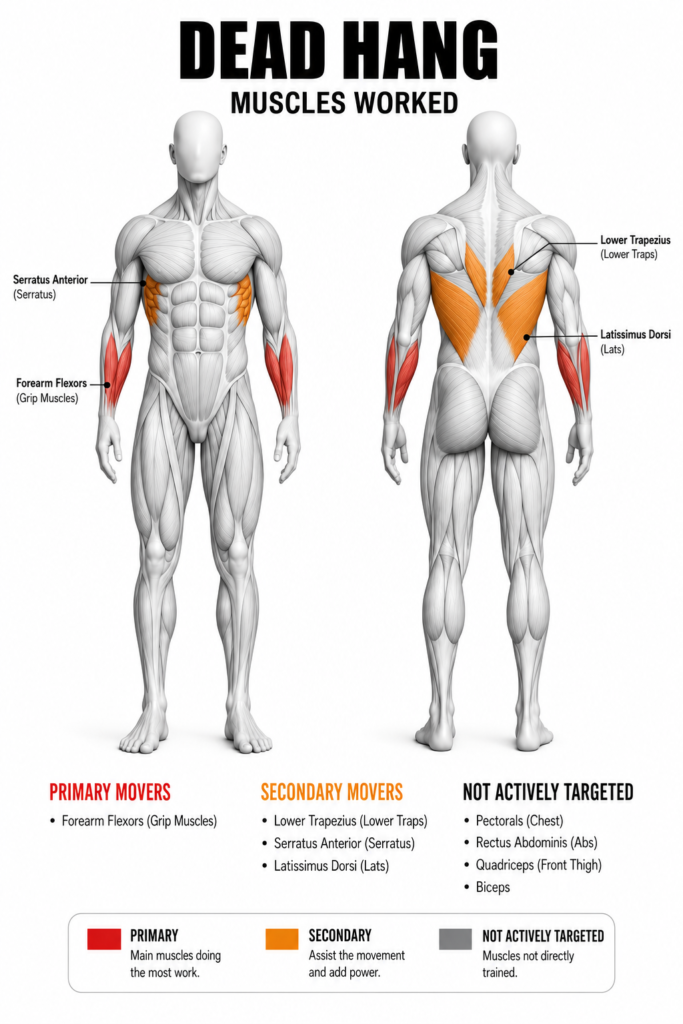 Dead hang muscles worked, front and back view — forearm flexors (grip muscles) highlighted red as the primary movers; lower trapezius, serratus anterior and latissimus dorsi highlighted orange as secondary movers