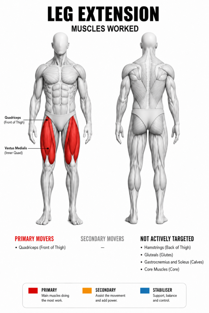 Leg extension muscles worked, front and back view — the quadriceps on the front of the thigh, including the vastus medialis (inner quad), highlighted red as the primary movers; hamstrings, glutes, calves and core are not actively targeted