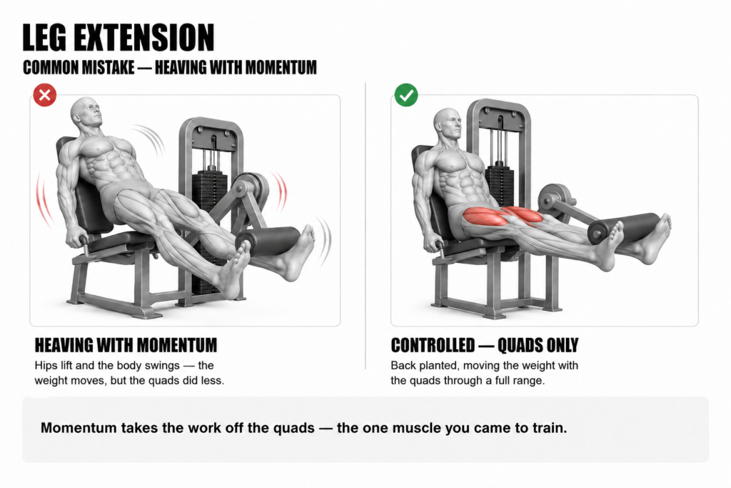 Leg extension common mistake, heaving with momentum — left, hips lifting and the body swinging so the weight moves but the quads do less (wrong); right, back planted and moving the weight with the quads through a full range (correct)