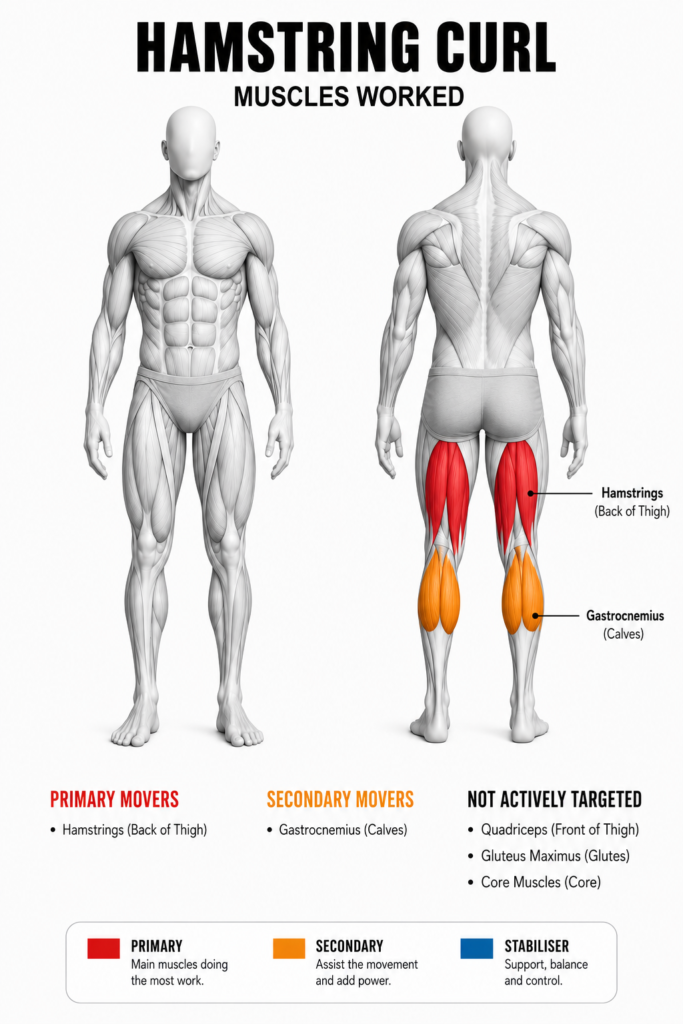 Hamstring curl muscles worked, front and back view — the hamstrings on the back of the thigh highlighted red as the primary movers, the gastrocnemius (calves) orange as secondary; quadriceps, glutes and core not actively targeted