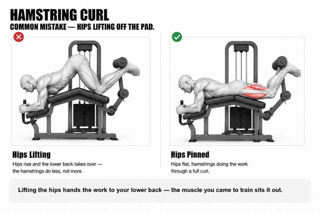 Hamstring curl common mistake, hips lifting off the pad — left, hips rising so the lower back takes over and the hamstrings do less (wrong); right, hips pinned flat with the hamstrings doing the work through a full curl (correct)