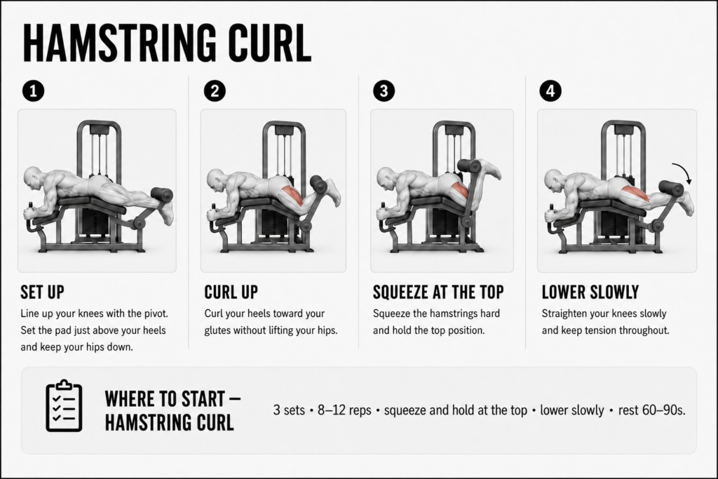 Hamstring curl step by step on a lying machine: 1) set up with knees aligned to the pivot, pad just above the heels and hips down; 2) curl the heels toward the glutes without lifting the hips; 3) squeeze the hamstrings hard and hold at the top; 4) lower slowly, keeping tension throughout