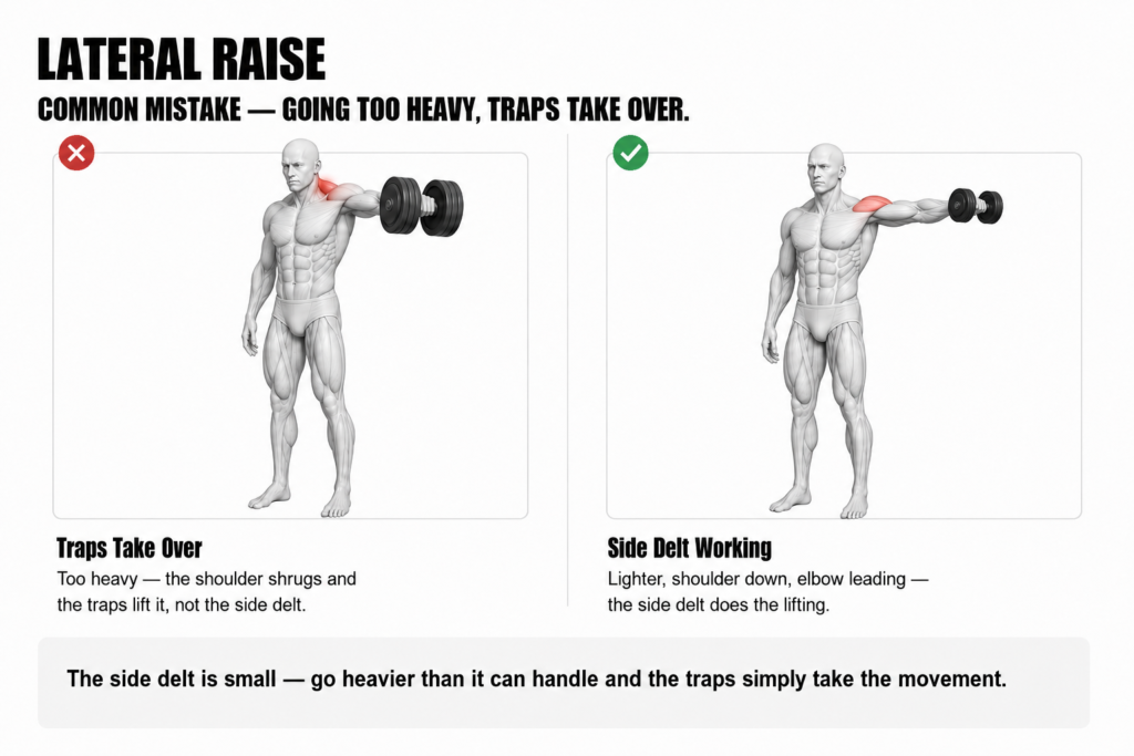 Lateral raise common mistake, going too heavy — left, the dumbbell is too heavy so the shoulder shrugs and the upper traps lift it instead of the side delt (wrong); right, a lighter dumbbell with the shoulder down and the elbow leading so the side delt does the lifting (correct)