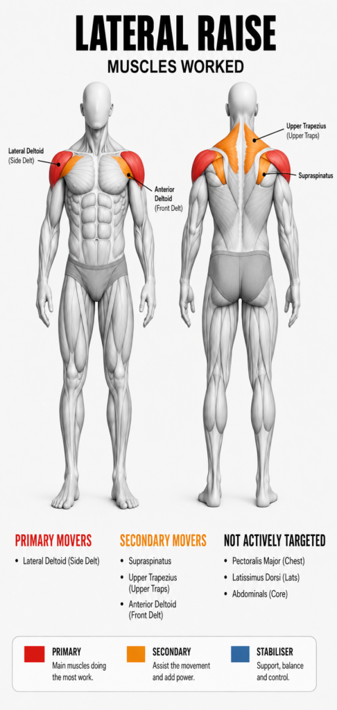 Lateral raise muscles worked, front and back view — the lateral deltoid (side delt) highlighted red as the primary mover; the supraspinatus, upper trapezius and anterior deltoid (front delt) orange as secondary movers; pectoralis major, latissimus dorsi and abdominals not actively targeted