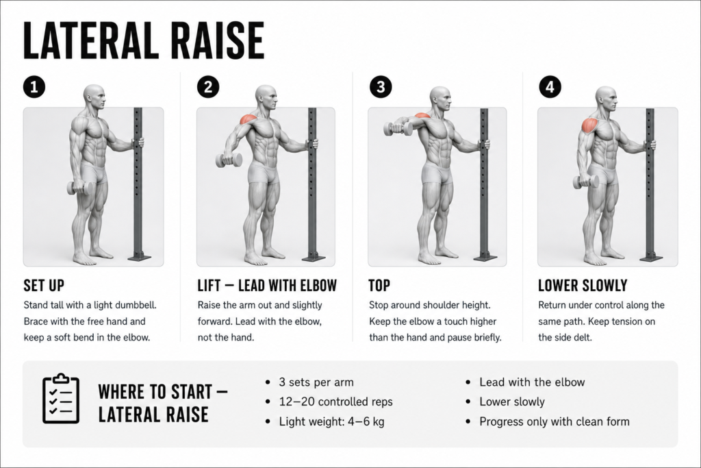 Lateral raise step by step, single arm with the free hand braced on a rack upright: 1) set up standing tall with a light dumbbell and a soft bend in the elbow; 2) lift the arm out and slightly forward, leading with the elbow rather than the hand; 3) stop around shoulder height with the elbow a touch higher than the hand and pause briefly; 4) lower slowly along the same path, keeping tension on the side delt