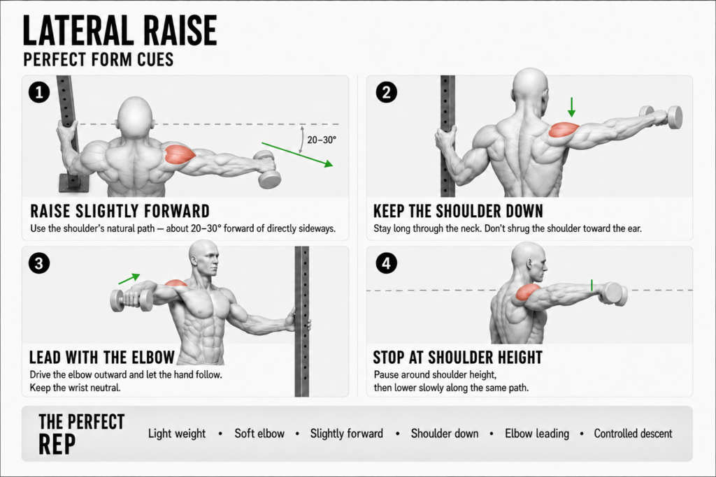 Lateral raise perfect form cues, four panels: 1) raise slightly forward — about 20 to 30 degrees forward of directly sideways, following the shoulder's natural path; 2) keep the shoulder down — stay long through the neck and don't shrug toward the ear; 3) lead with the elbow — drive the elbow outward and let the hand follow, wrist neutral; 4) stop at shoulder height — pause, then lower slowly along the same path