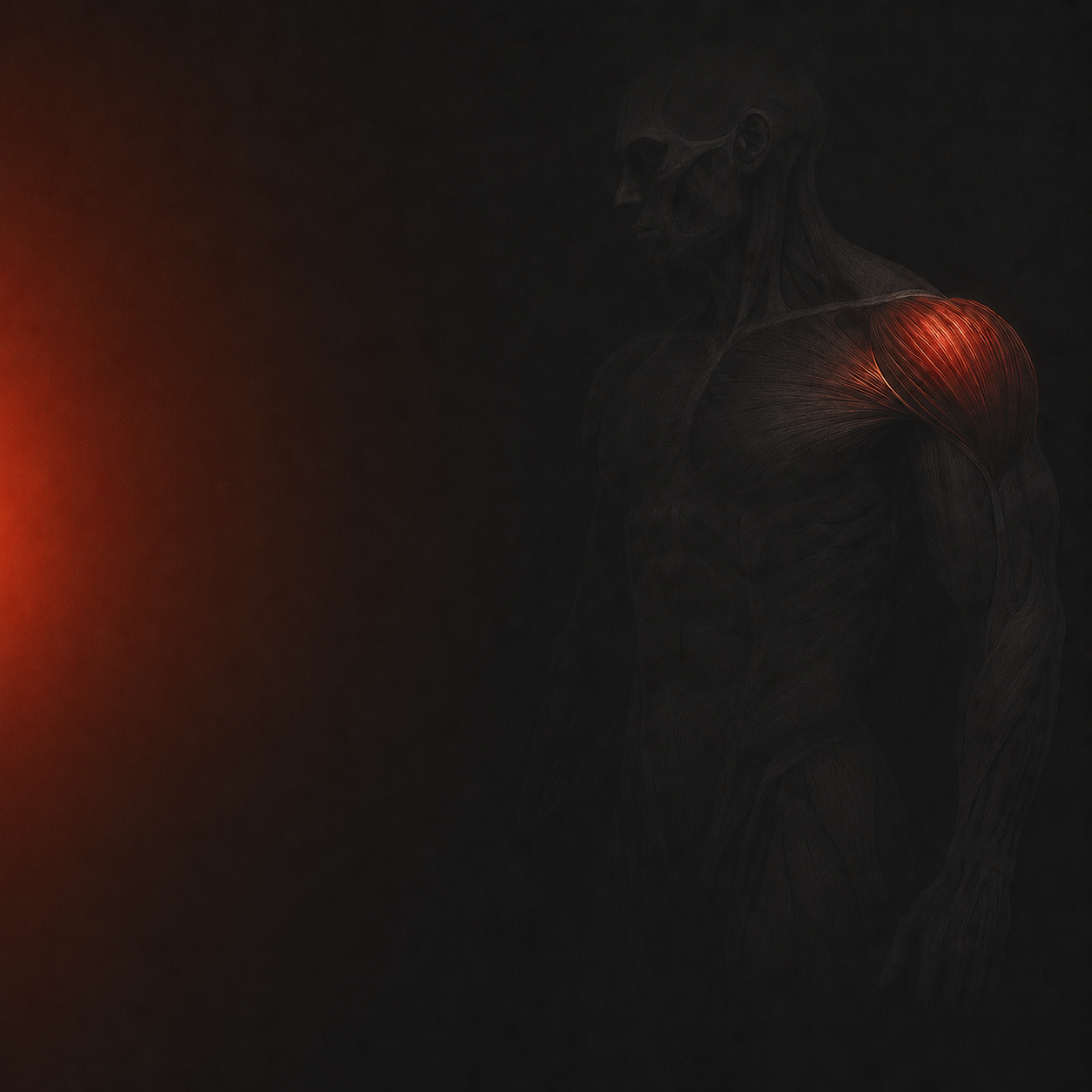 Dark anatomical figure, side view, with the shoulder's deltoid muscle glowing red-orange.
