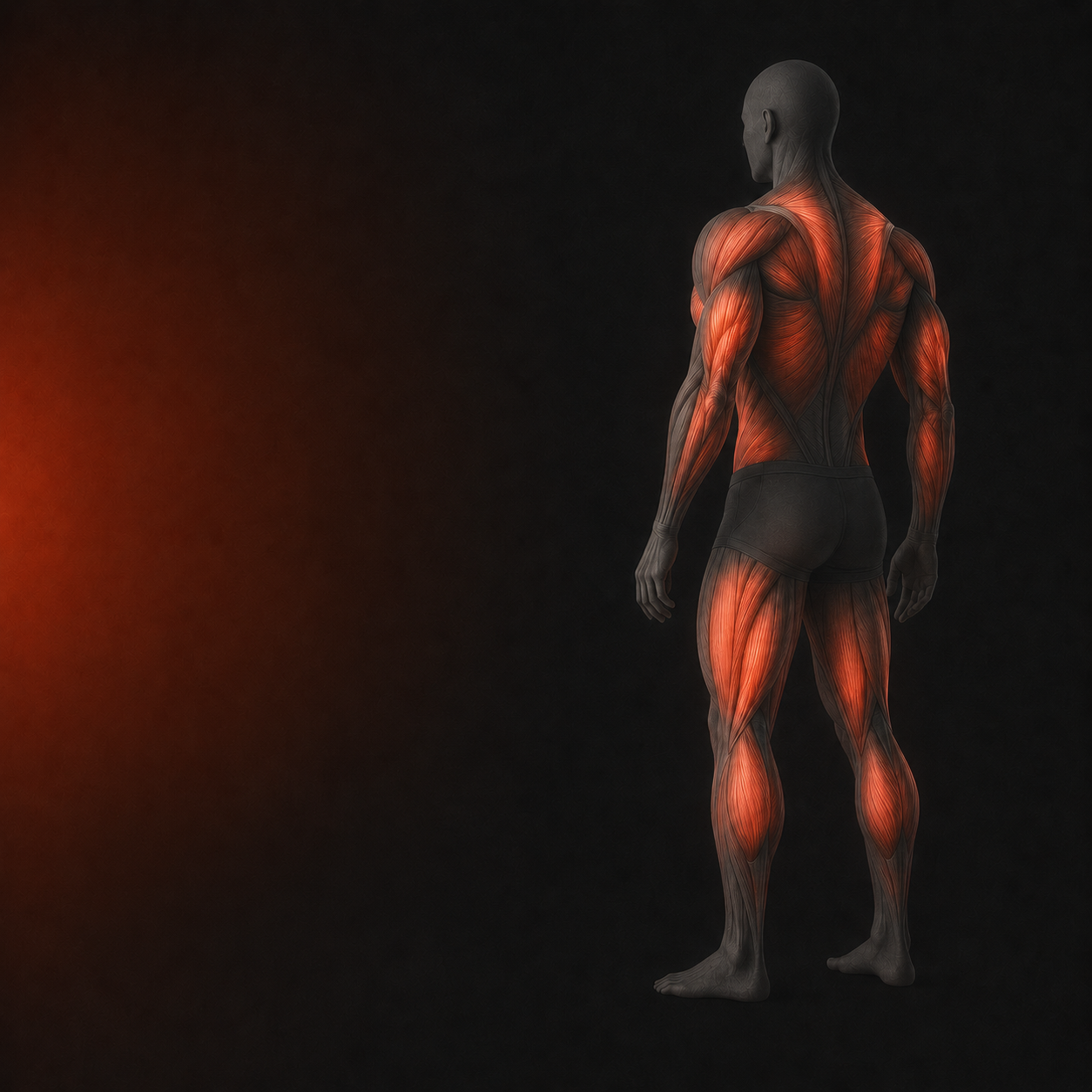 Dark anatomical figure, rear view, with the whole body's musculature glowing red-orange.