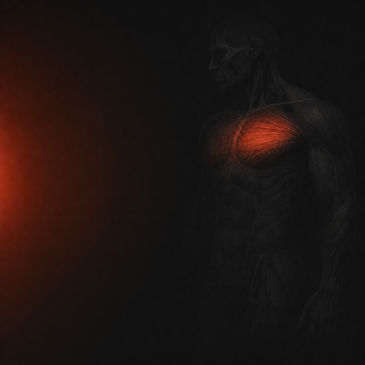 Dark anatomical figure, front view, with the chest's pectoral muscle glowing red-orange.