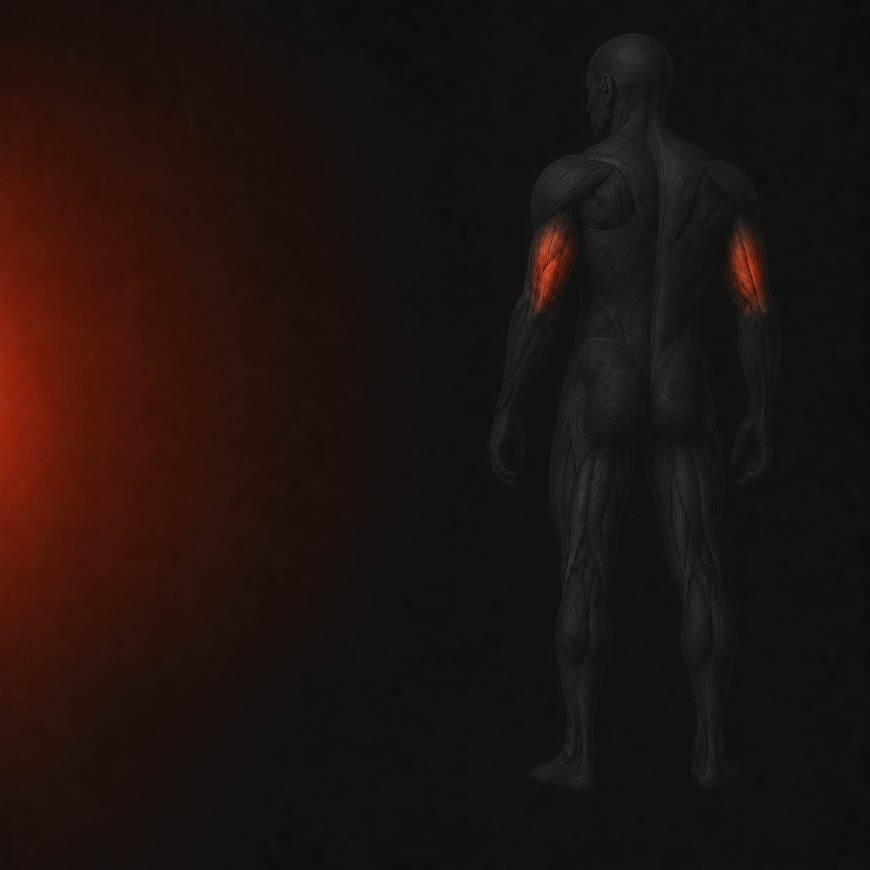Dark anatomical figure, rear view, with the triceps at the back of the upper arms glowing red-orange.