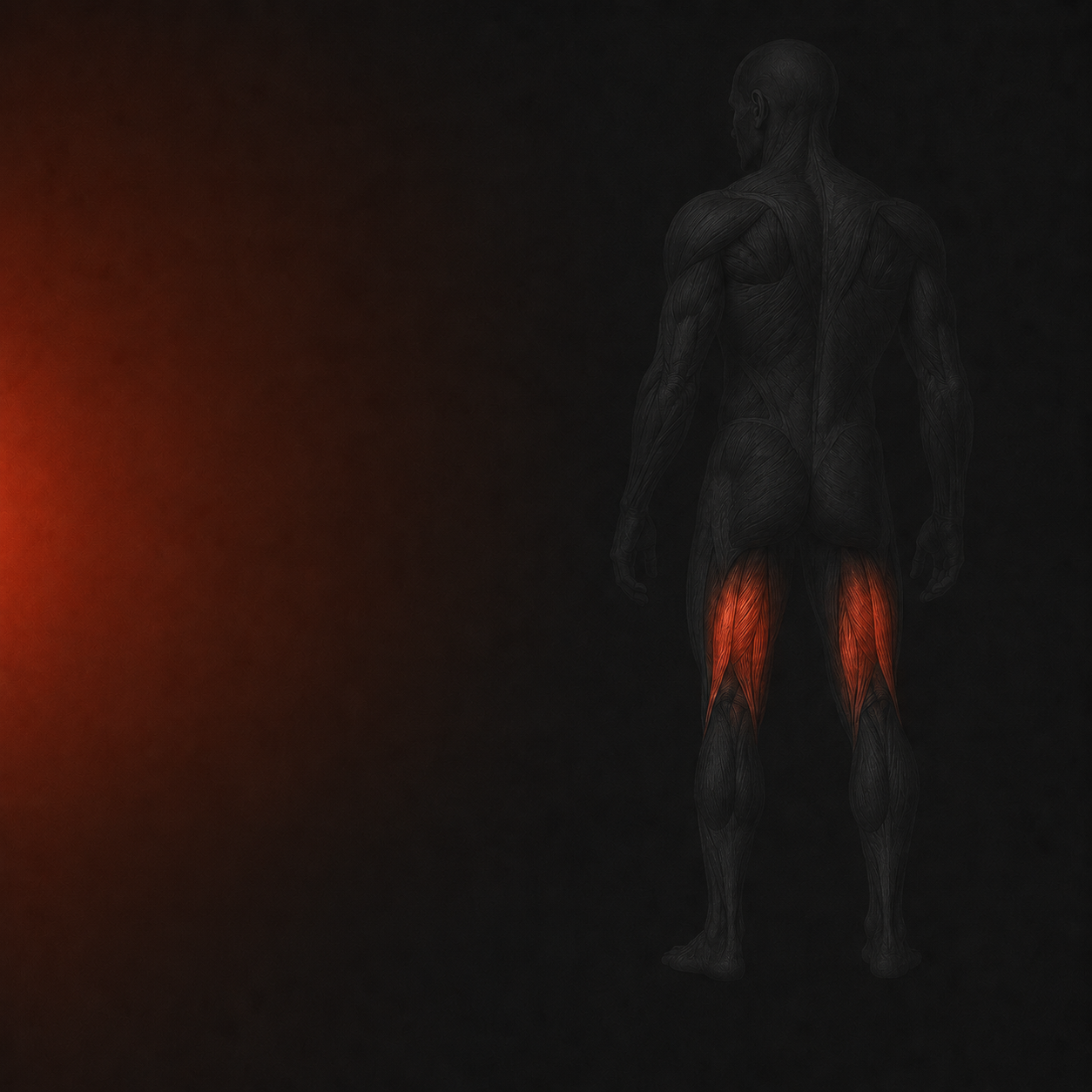 Dark anatomical figure, rear view, with the hamstring muscles at the back of the thighs glowing red-orange.