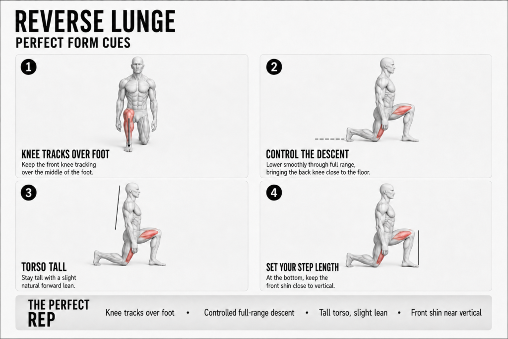 Reverse lunge perfect form cues, four panels: 1) front knee tracking over the middle of the foot; 2) controlled full-range descent with the back knee close to the floor; 3) tall torso with a slight forward lean; 4) step length keeping the front shin close to vertical