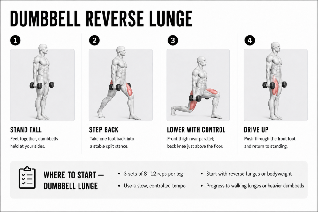 Dumbbell reverse lunge step by step: 1) stand tall with a dumbbell in each hand; 2) step one foot back into a split stance; 3) lower with control until the front thigh is near parallel and the back knee hovers just above the floor; 4) drive through the front foot to stand back up