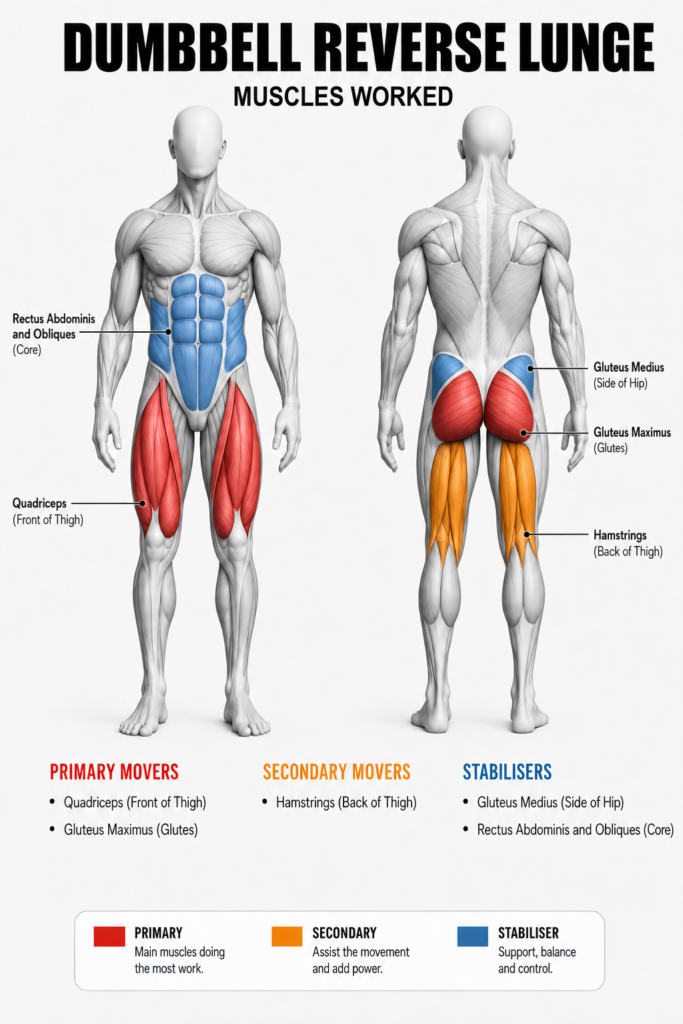Dumbbell reverse lunge muscles worked, front and back view — the quadriceps and gluteus maximus highlighted red as primary movers, the hamstrings orange as secondary, and the gluteus medius and core (rectus abdominis and obliques) blue as stabilisers