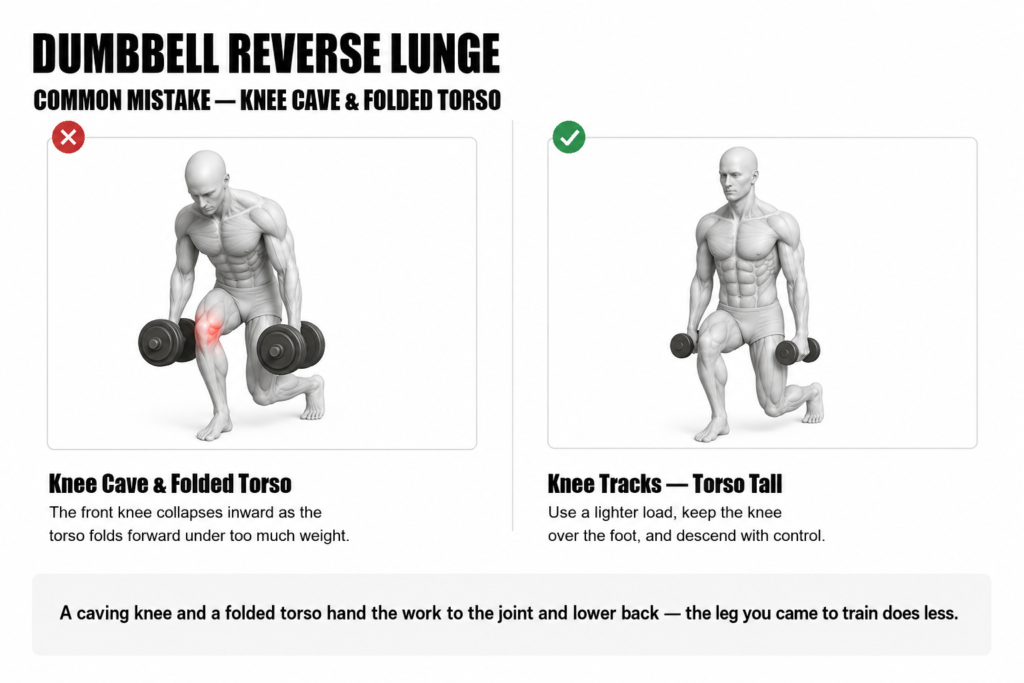Dumbbell reverse lunge common mistake, knee cave and folded torso — left, the front knee collapsing inward as the torso folds forward under too much weight (wrong); right, the knee tracking over the foot with a tall torso and controlled descent (correct)