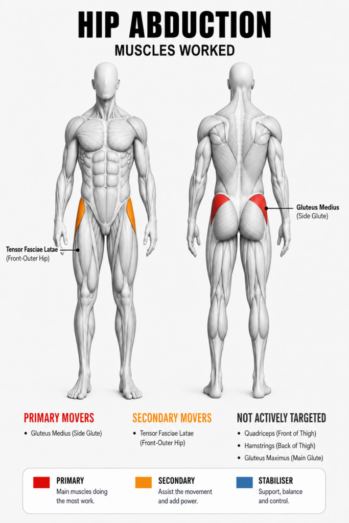 Front and back muscle diagram for hip abduction, gluteus medius on the side of the hip highlighted red as the primary mover, tensor fasciae latae on the front-outer hip highlighted orange as the secondary mover.