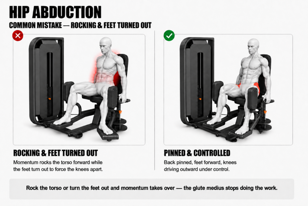 Hip abduction common mistake comparison: left, torso rocking with feet turned out as momentum takes over; right, torso pinned with feet forward and knees driving outward under control.