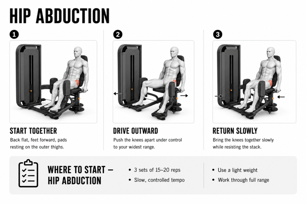 Three-step hip abduction sequence: starting position with knees together, driving the knees outward against the pads, and returning slowly under control.