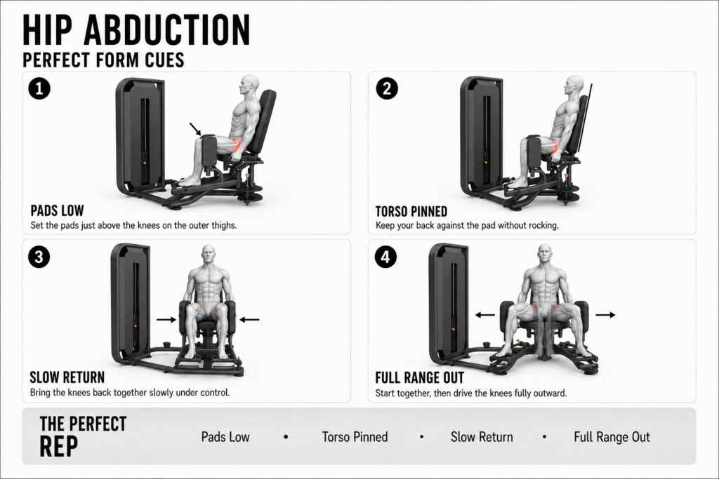 Four hip abduction form cues: pads set low on the outer thighs, torso pinned against the back pad, a slow controlled return, and full range on the way out.