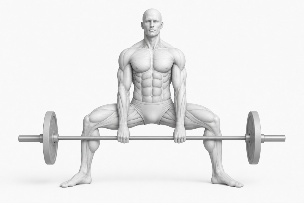 Grey anatomy figure in a wide sumo deadlift stance, toes turned out and knees tracking over them, gripping a barbell with the hands inside the knees.