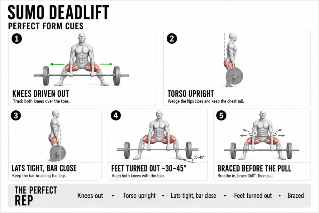 Sumo deadlift perfect form cues: knees driven out over the toes, torso upright, lats tight with the bar close, feet turned out about 30 to 45 degrees, and braced before the pull.
