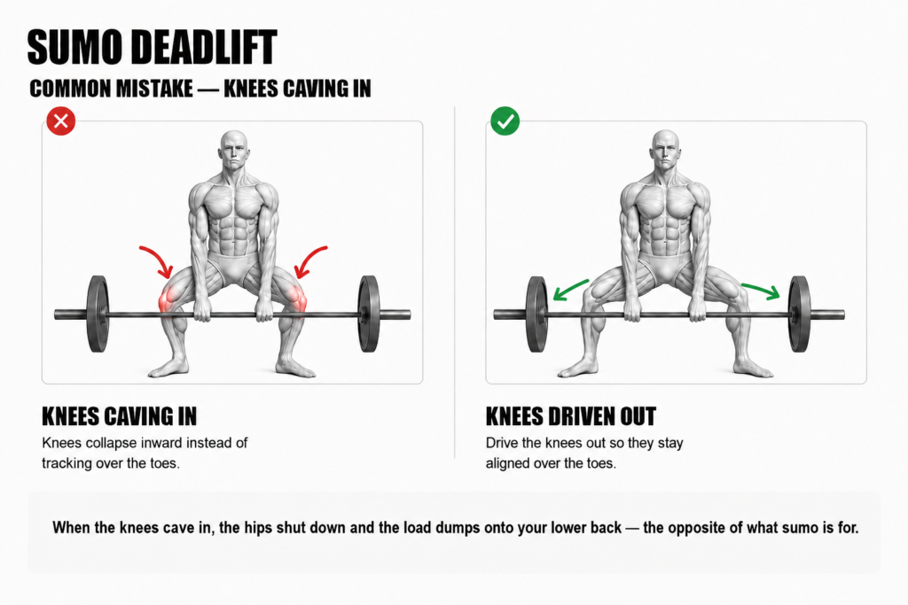 Sumo deadlift comparison showing knees caving inward on the left (wrong) versus knees driven out and tracking over the toes on the right (correct).