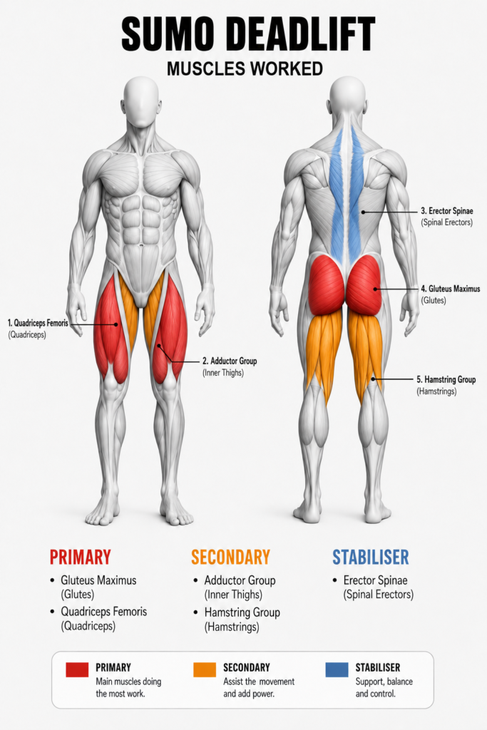 Sumo deadlift muscles worked diagram: glutes and quads as the primary movers, adductors and hamstrings secondary, and the spinal erectors stabilising.