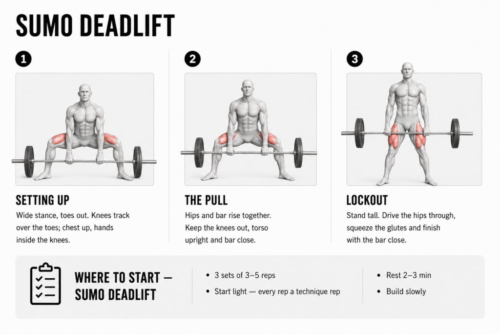 Three-panel sumo deadlift sequence: setting up with a wide stance and knees out, the pull with hips and bar rising together, and lockout standing tall with the bar close.