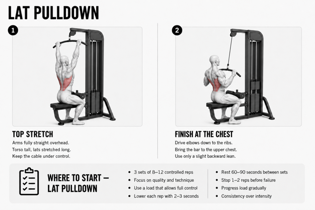 Two-panel lat pulldown how-to: the top stretch with arms straight overhead and the lats lengthened, and the finish pulling the bar to the upper chest with the elbows driven down to the ribs.