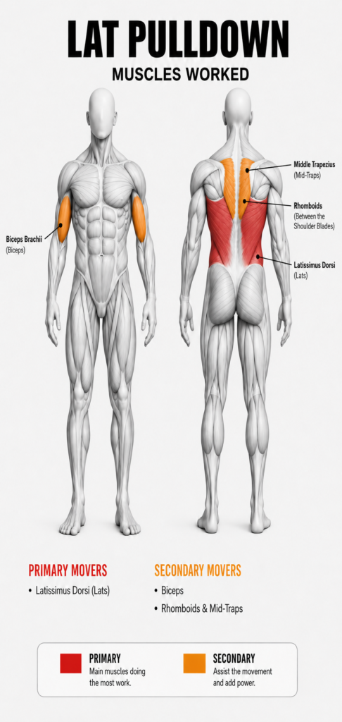 Lat pulldown muscles-worked diagram: the lats as the primary mover, with the biceps, rhomboids, and mid-traps as secondary movers.