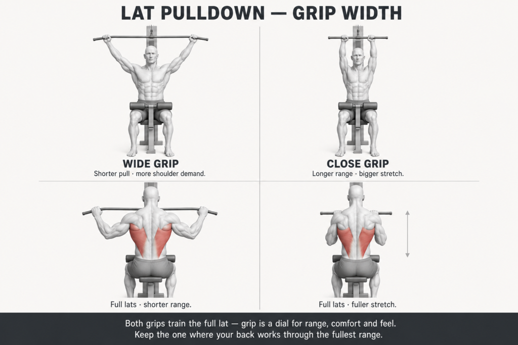 Lat pulldown grip-width comparison of a wide grip and a close grip, noting that both grips train the full lat and that grip is a dial for range and feel.