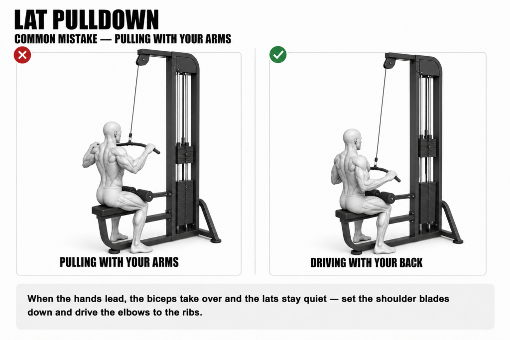 Lat pulldown comparison showing pulling with the arms so the biceps take over (wrong) versus driving with the back, shoulder blades down and elbows to the ribs (correct).