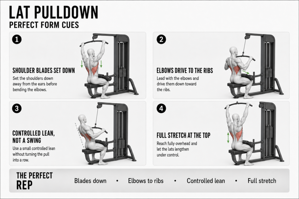 Lat pulldown Perfect Form cues panel: a mannequin seated side-on at the cable machine showing the four cues — shoulder blades set down, elbows driving to the ribs, a small controlled lean marked by a dashed vertical line, and a full stretch at the top with the lats highlighted.