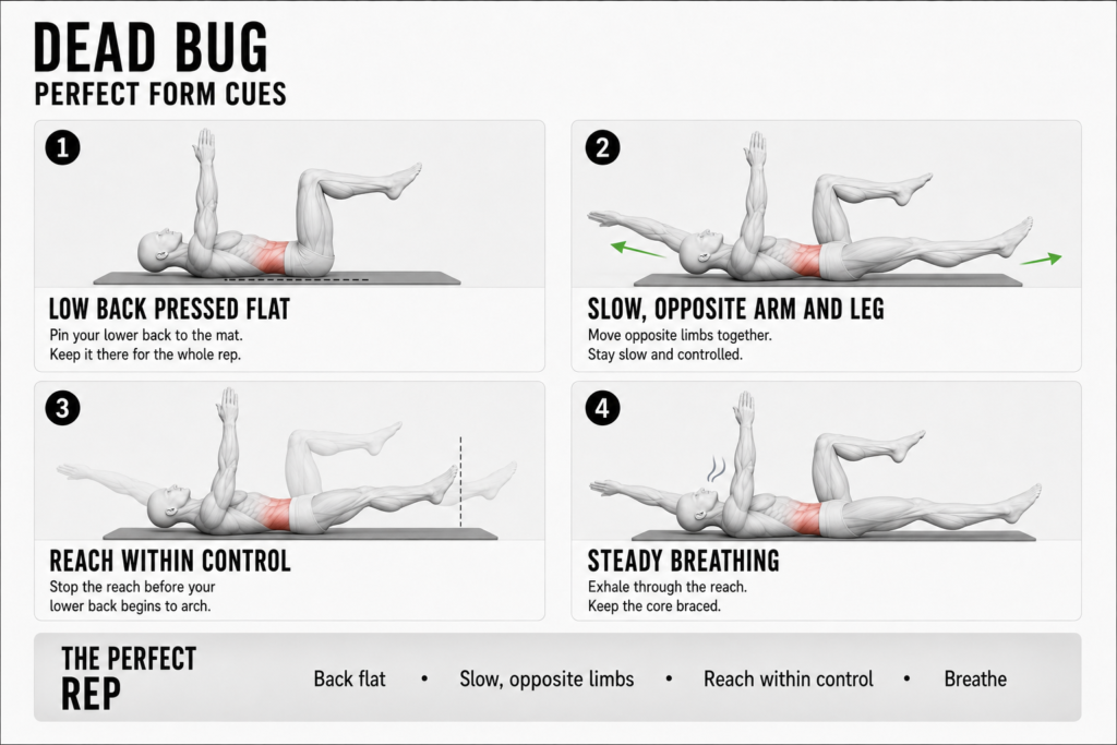 Dead bug Perfect Form cues panel: a mannequin on a mat showing the four cues — lower back pressed flat, slow opposite arm and leg, reach only within control, and steady breathing — with the deep core highlighted.