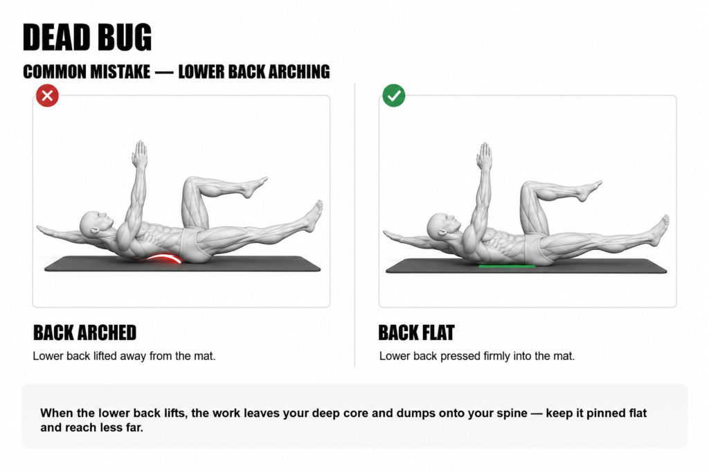 Dead bug comparison showing the lower back arched away from the mat with a gap under it (wrong) versus the lower back pressed firmly flat into the mat (correct).
