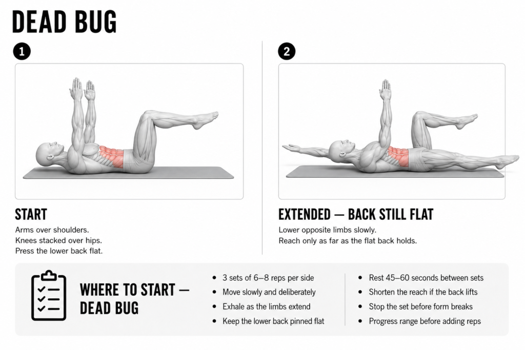 Two-panel dead bug how-to: the start with arms over the shoulders, knees stacked over the hips and the lower back pressed flat, and the extended position lowering the opposite arm and leg slowly with the lower back still flat.