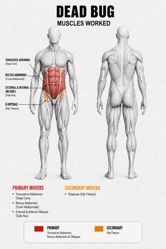 Dead bug muscles-worked diagram: the transverse abdominis, rectus abdominis and obliques as the primary movers, with the iliopsoas (hip flexors) as secondary.
