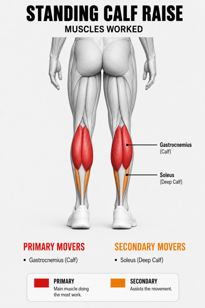 Standing calf raise muscles worked, rear view: the gastrocnemius (the visible calf muscle) as the primary mover and the soleus (the deeper calf muscle underneath) as the secondary mover.
