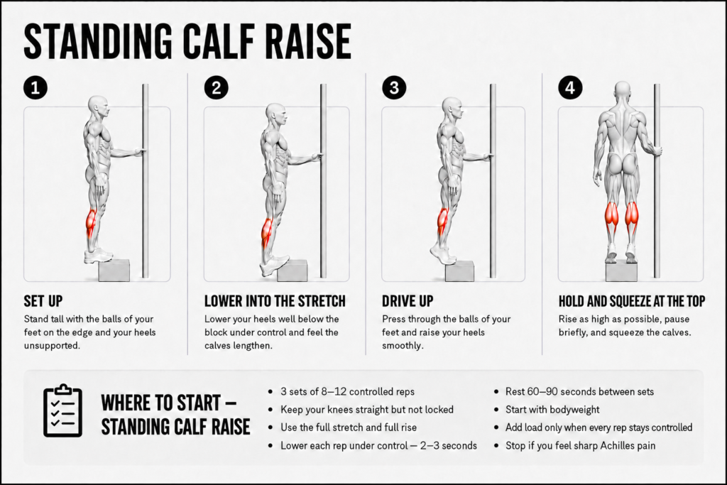 Standing calf raise step by step on a raised edge, calves highlighted: 1) set up tall with the balls of the feet on the edge and the heels unsupported; 2) lower the heels well below the block under control into a stretch; 3) drive up, pressing through the balls of the feet and raising the heels smoothly; 4) hold and squeeze at the top, rising as high as possible and pausing briefly.