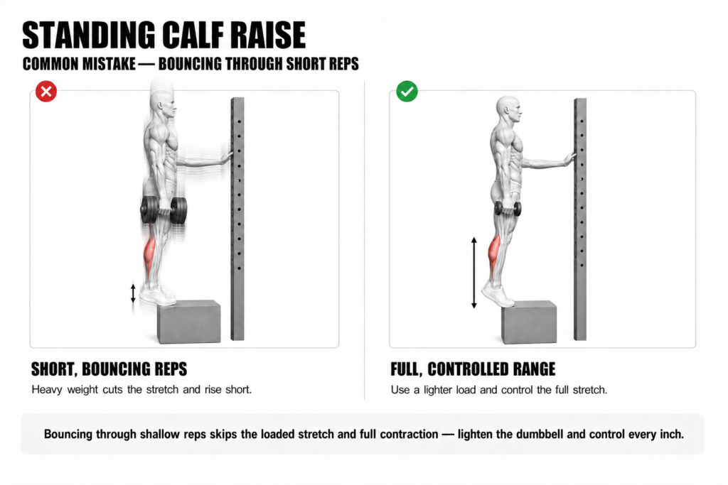 Standing calf raise common mistake, bouncing through short reps: left, a heavy dumbbell cuts the stretch and rise short with a small, bouncing range (wrong); right, a lighter load moving through the full, controlled range from a deep stretch to a full rise (correct).