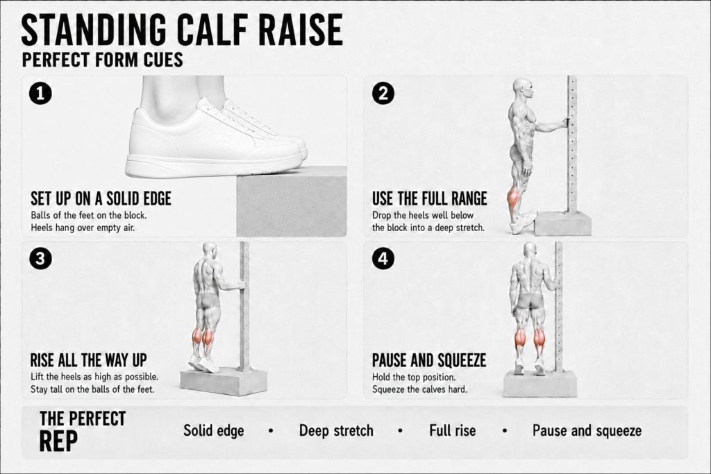 Standing calf raise perfect form cues, four panels, calves highlighted: 1) set up on a solid edge with the balls of the feet on the block and the heels over empty air; 2) use the full range, dropping the heels below the block into a deep stretch; 3) rise all the way up, lifting the heels as high as possible; 4) pause and squeeze the calves hard at the top.