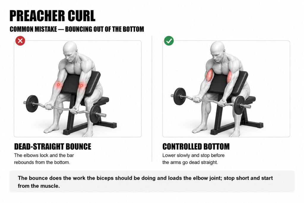 Preacher curl common mistake, bouncing out of the bottom: left, the arm drops to dead straight and bounces out of it, loading the elbow joint (wrong); right, the arm stops just short of straight with the biceps still holding the load (correct).