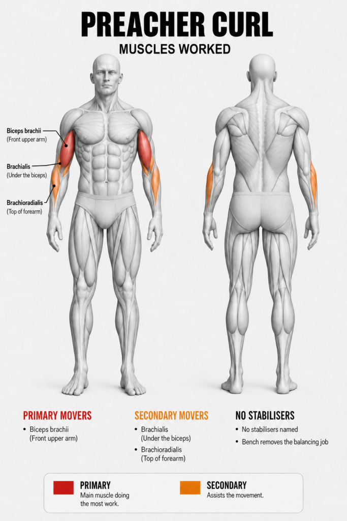 Preacher curl muscles worked, front and back view: the biceps brachii (front of the upper arm) highlighted red as the primary mover; the brachialis (under the biceps) and brachioradialis (top of the forearm) orange as secondary movers; no stabilisers, since the bench removes the balancing job.