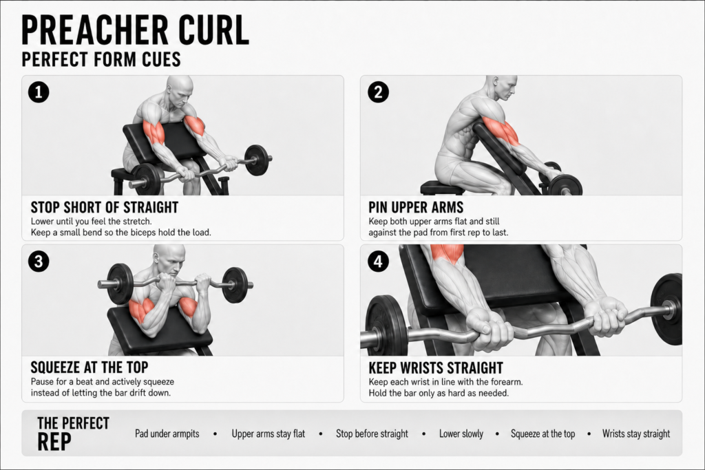 Preacher curl perfect form cues, four panels with the biceps highlighted: 1) stop short of a dead-straight arm, keeping a small bend so the biceps holds the load; 2) keep both upper arms pinned flat and still against the pad; 3) pause and squeeze at the top rather than letting the bar drift down; 4) keep the wrists in line with the forearms with a relaxed grip on the EZ-bar.