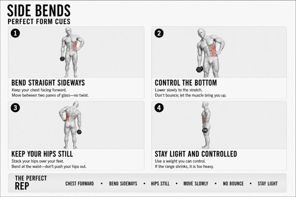Side bend perfect form cues, four panels, obliques highlighted: 1) bend straight sideways, chest facing forward with no twist; 2) control the bottom, lowering slowly to the stretch without bouncing; 3) keep your hips still, stacked over the feet, bending at the waist not pushing the hips out; 4) stay light and controlled, if the range shrinks the weight is too heavy.