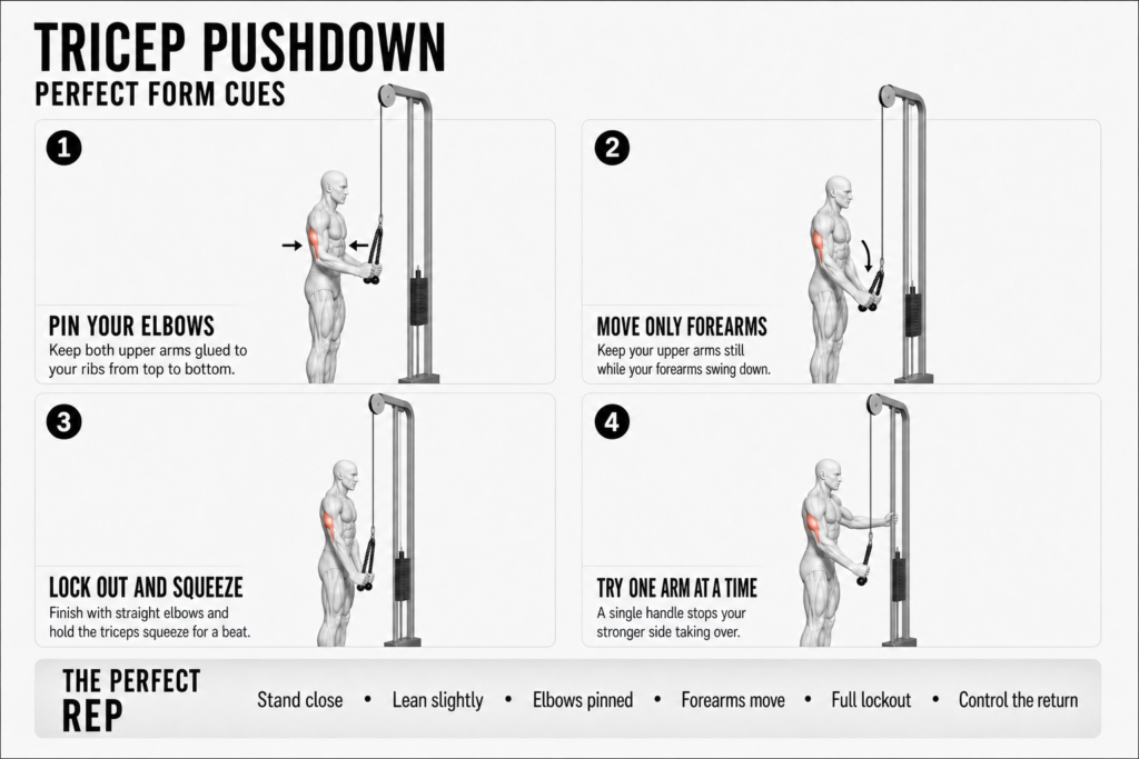 Tricep pushdown perfect form cues, four panels with the triceps highlighted: 1) pin your elbows, both upper arms glued to your ribs; 2) move only your forearms while the upper arms stay still; 3) lock out and squeeze the triceps at full extension; 4) try one arm at a time with a single handle so the stronger side can't take over.