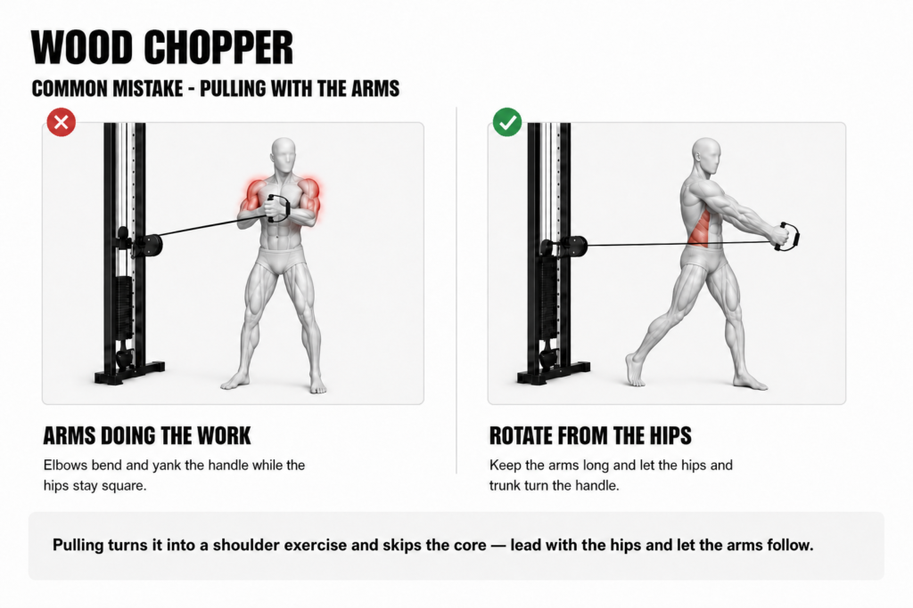 Wood chopper common mistake, pulling with the arms: left, elbows bend and yank the handle while the hips stay square and the shoulders take over (wrong); right, arms stay long and the hips and trunk rotate to turn the handle (correct).