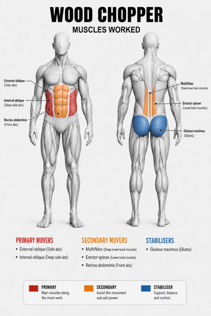 Wood chopper muscles worked, front and back view: the external and internal obliques (side and deep side abs) as the primary movers; the multifidus, erector spinae and rectus abdominis as secondary movers; and the gluteus maximus as the stabiliser.